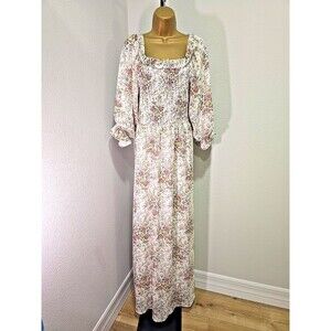 Cottage Fairy Milkmaid Floral Maxi Dress Lg Balloon Sleeve Prairie Farm Feminine